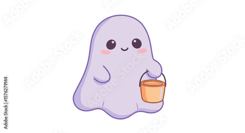 Illustration of a cute cartoon ghost holding a bucket, perfect for halloween themed designs and decorations