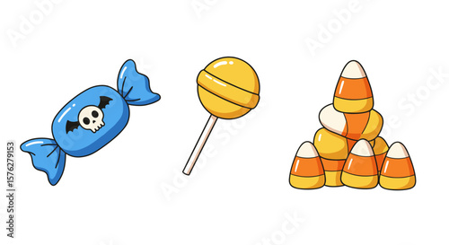 Illustration of a blue halloween candy with skull, a yellow lollipop, and a stack of candy corn treats