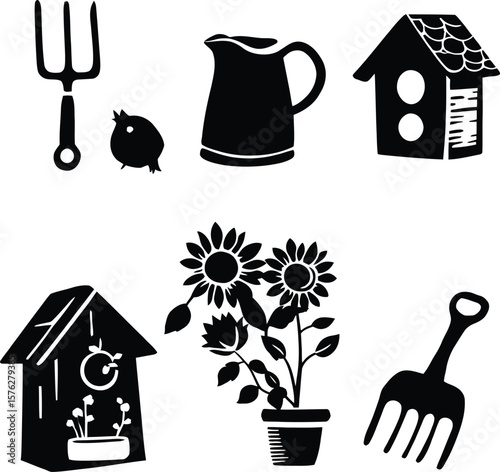Gardening Silhouette Vector Set – Black and White Icons of Tools, Birdhouses, and Nature Details
