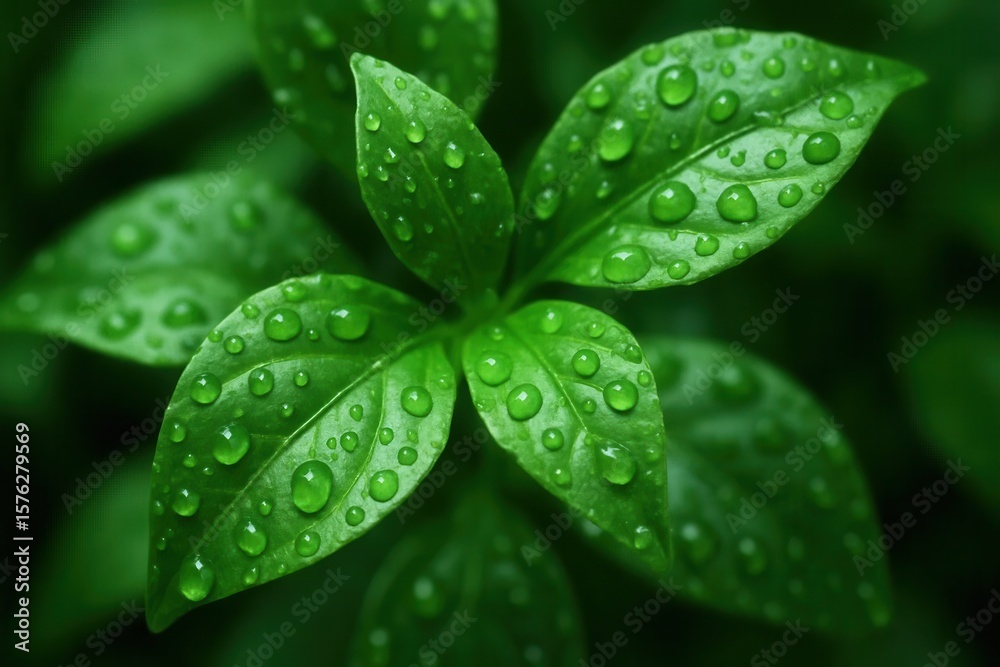 Fototapeta premium A Macro Perspective on Lush Green Leaves Glistening with Water Droplets