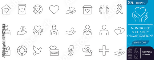 A modern line icon set for nonprofit and charity organizations, featuring symbols of donation, care, community, and volunteerism. Ideal for web and print use.