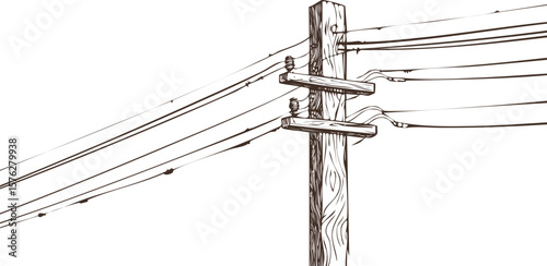 Old Wooden Utility Pole with Power Lines, Vintage Wooden Electric Pole, isolated on transparent vector background, cutout png.pole, old, clip, electricity, faded, horizontal, no people, photography, 