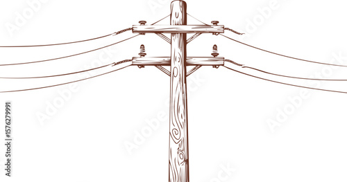Old Wooden Utility Pole with Power Lines, Vintage Wooden Electric Pole, isolated on transparent vector background, cutout png.pole, old, clip, electricity, faded, horizontal, no people, photography, 