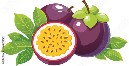 set of a passion fruit and half cut piece isolated on white transparent background, cutout png.passion fruit, fruit, juicy, ripe, food, organic, passion, purple, cut-out, half, seed, collection.