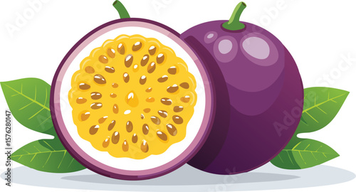 set of a passion fruit and half cut piece isolated on white transparent background, cutout png.passion fruit, fruit, juicy, ripe, food, organic, passion, purple, cut-out, half, seed, collection.