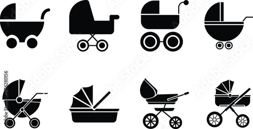 Baby carriage vector icons set, stroller, pram, and buggy collection, solid graphic group, editable design elements for newborn, parenting, maternity, childcare, and family projects