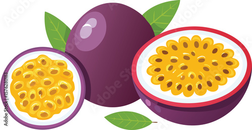 set of a passion fruit and half cut piece isolated on white transparent background, cutout png.passion fruit, fruit, juicy, ripe, food, organic, passion, purple, cut-out, half, seed, collection.