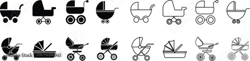 Baby carriage vector icons set, stroller, pram, and buggy collection, solid and outline graphic group, editable design elements for newborn, parenting, maternity, childcare, and family projects