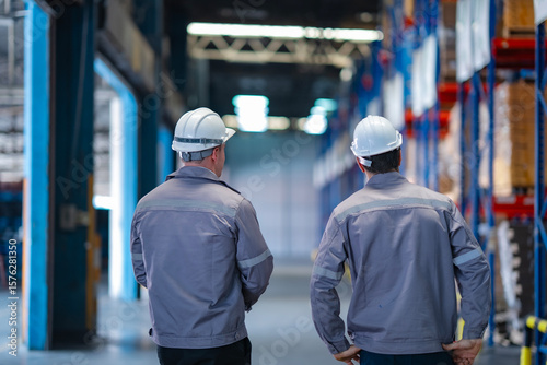 Papier peint Two industrial workers in uniform and hard hats inspecting warehouse facility