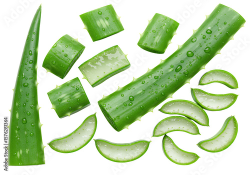A fresh, green aloe vera leaves, cut into various pieces and slices, white background isolated