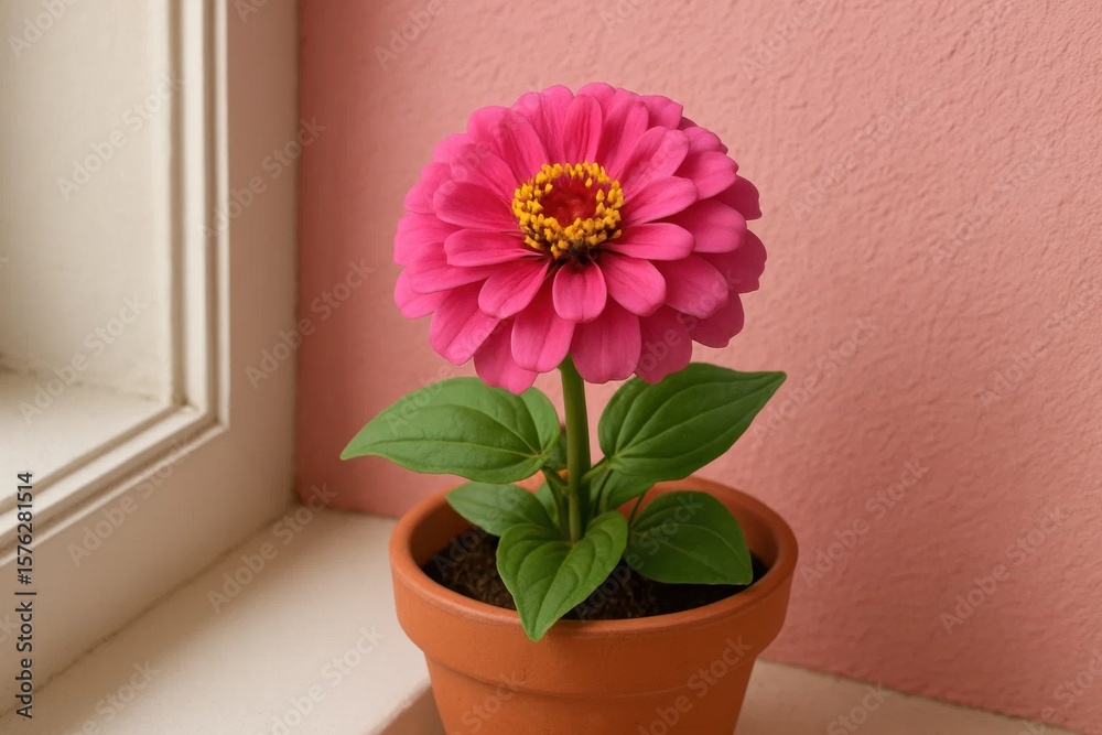 Fototapeta premium A delicate pink zinnia blooms in a rustic terracotta pot on a sunlit windowsill, radiating warmth and tranquility