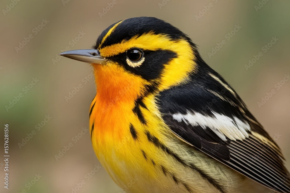 Naklejka premium A solitary bird of vibrant yellow and black hues sits in quiet contemplation, its gaze fixed on something unseen