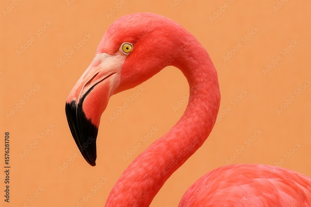 Obraz premium A vibrant pink flamingo stands out against a warm orange backdrop, its striking eyes capturing attention