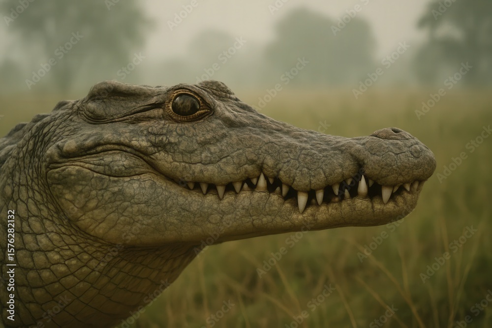 Obraz premium A crocodile's head peeks out from the lush greenery of a mist-shrouded forest, its eyes reflecting the tranquility of its surroundings