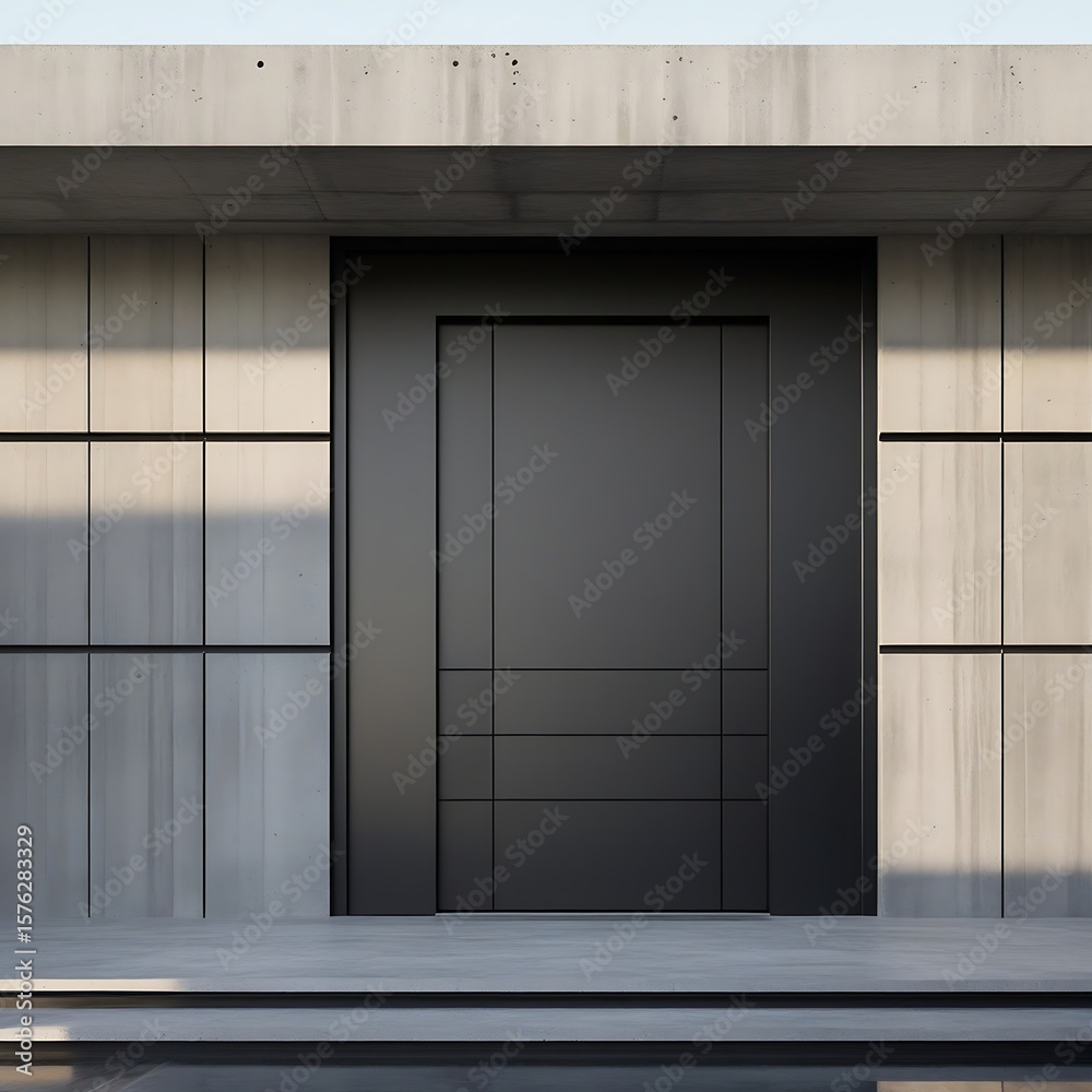 Fototapeta premium Matte-black front door on a modern concrete house, large rectangular shape with no handles visible, set within a seamless grey wall with horizontal lines, shot in clean daylight.