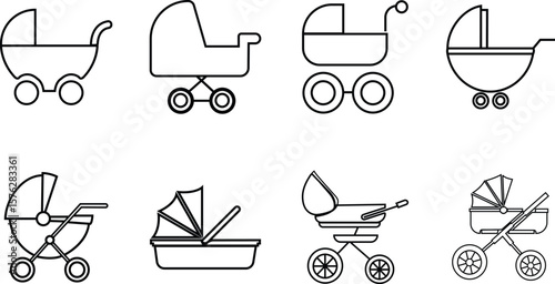 Baby carriage vector icons set, stroller, pram, and buggy collection, outline graphic group, editable design elements for newborn, parenting, maternity, childcare, and family projects