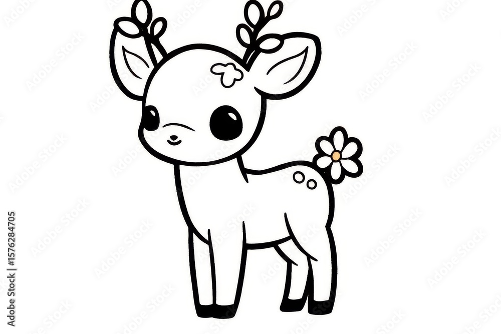 Fototapeta premium Simple cute deer line drawing flower on head bold black outline flat vector clipart coloring book illustration