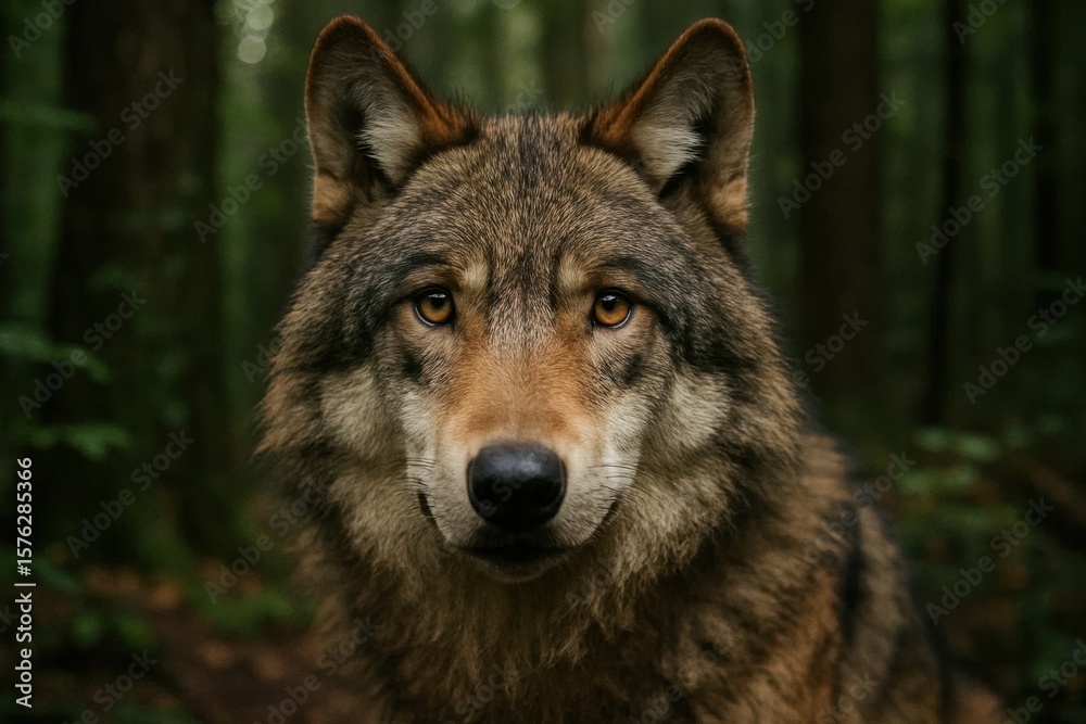 Naklejka premium A solitary wolf gazes into the heart of the forest, embodying the wild spirit of nature
