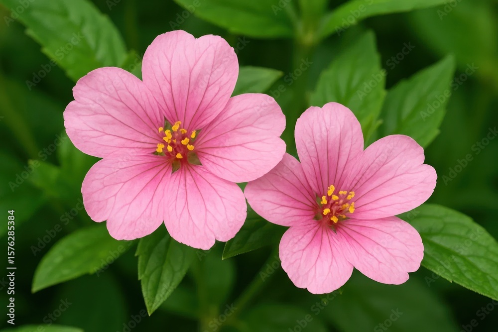 Obraz premium Amidst the verdant embrace of green leaves, two pink gerbera daisies bask in a moment of serene beauty