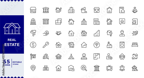 Real Estate outline icons with editable stroke collection. Includes House, Villa, Mortgage, Realtor, Amenities,Editable stroke. Vector illustration