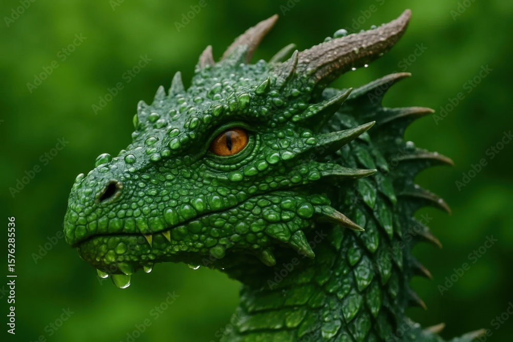 Fototapeta premium A serene green dragon gazes into the distance, its scales shimmering with moisture droplets, embodying the mystical allure of mythical creatures