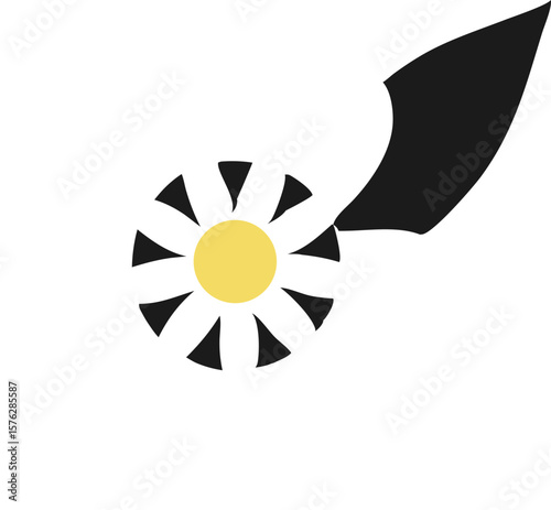 Black and white daisy-style flower with yellow center and bold petal contrast, featuring a stylized black leaf on the right side.