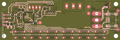 Vector printed circuit board of electronic 
device with components of radio elements, 
conductors and contact pads placed on pcb. 
Engineering technical drawing. Computer technic cad design.