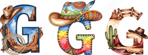 Watercolor Western Alphabet G, Cowboy Themed Illustration Set.