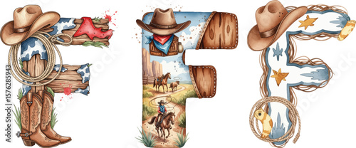Watercolor Western Alphabet F, Cowboy Themed Illustration Set.