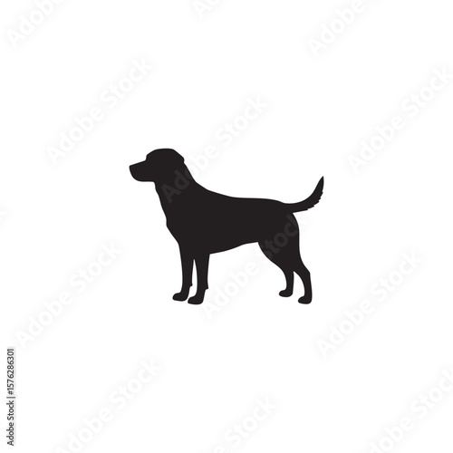 Black silhouette of a dog standing alert isolated on white background silhouette