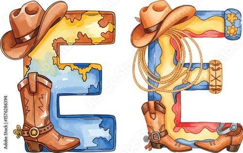 Watercolor Western Alphabet E, Cowboy Themed Illustration Set.