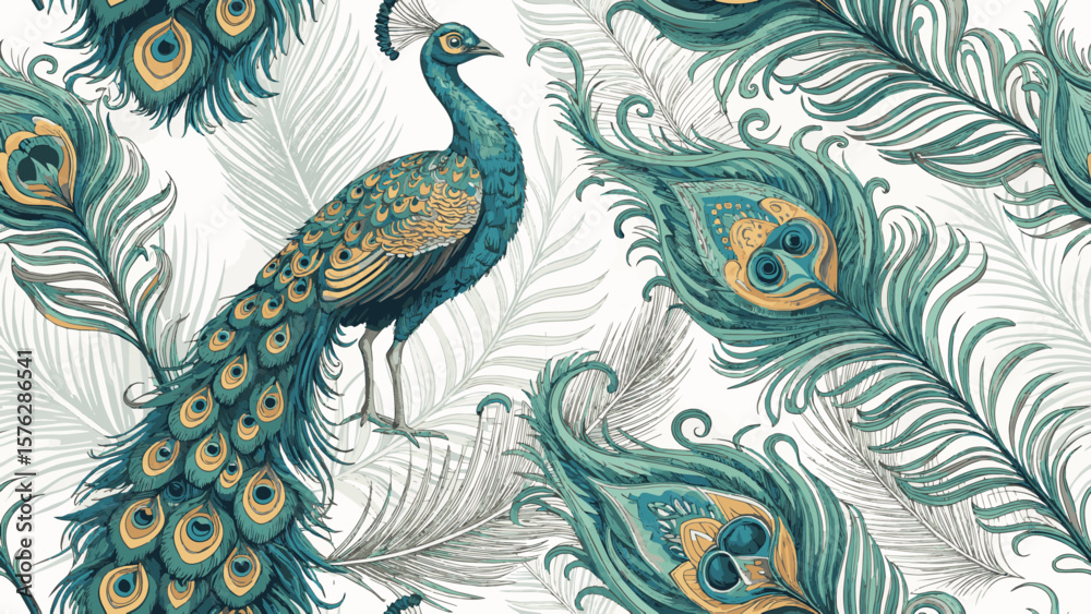 Fototapeta premium Vector illustration. Seamless pattern. Peacock feather pattern for printing on fabric or wallpaper.