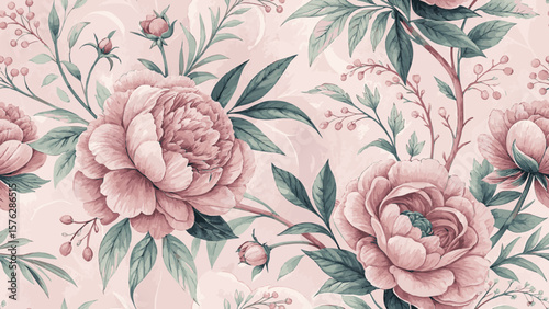 Vector illustration seamless pattern. Watercolor painting peony flowers. Pink background for printing on fabric or wallpaper.