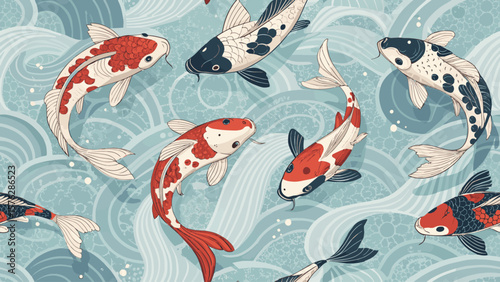 Vector illustration of seamless pattern of Koi fish for printing on fabric or wallpaper.