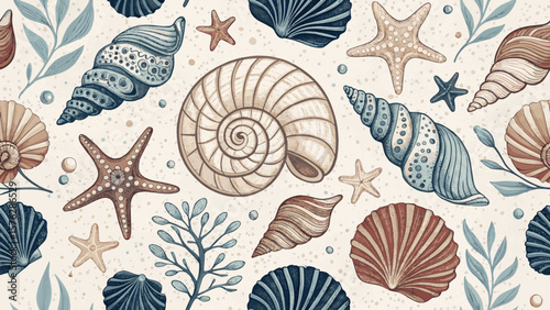 Vector illustration of seamless pattern of sea shells for printing on fabric or wallpaper.