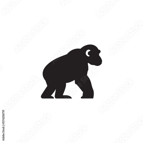 Stylized black gorilla walking forward silhouette isolated on white background
