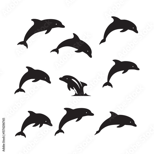Collection of playful dolphin silhouettes jumping and swimming isolated on white background silhouette