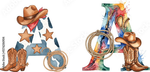 Watercolor Western Alphabet Letters A-Cowboy Themed Illustration Set.
