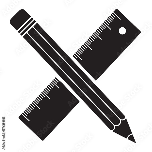 Black and white illustration of a pencil and rulers, design element
