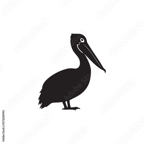 Black silhouette of a pelican bird standing on its legs isolated on white background silhouette