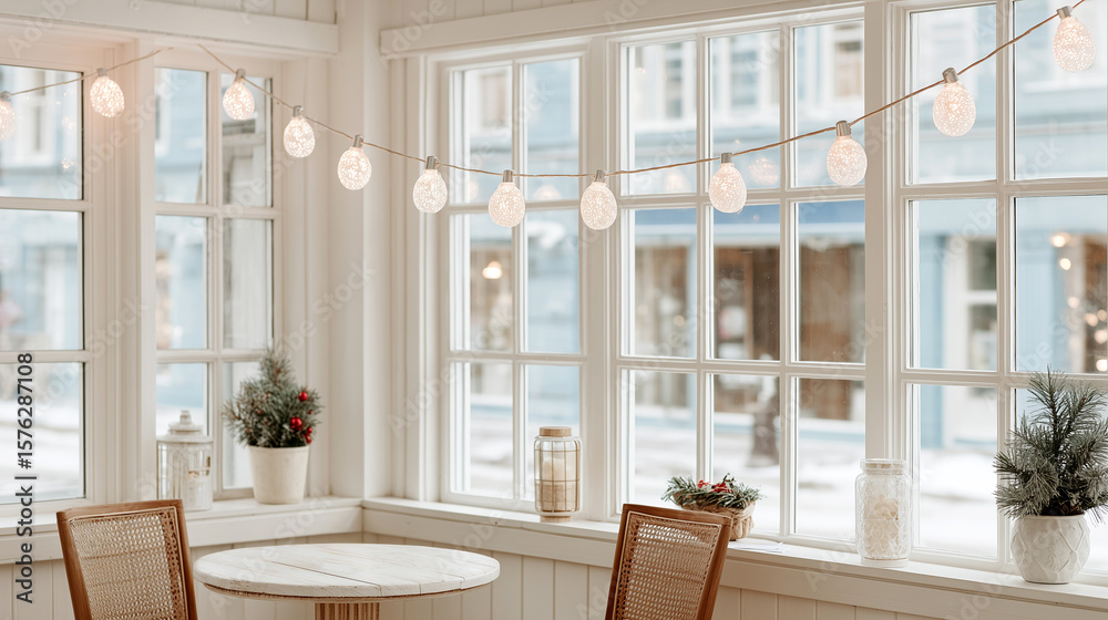 Fototapeta premium string of white round twinkling lights hanging in a cafe