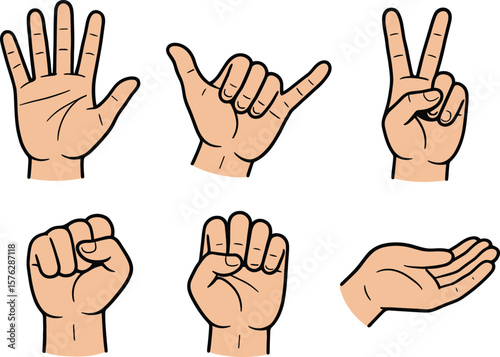 Hand gestures illustration vector, sign language communication, expressive hand poses, cultural meaning, non-verbal signals, educational artwork, stock image