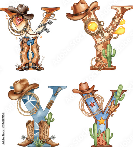 Hand-Drawn Rustic Cowboy Alphabet 'Y" Clipart, Watercolor with Boots, Hats, Lasso, and Cactus.