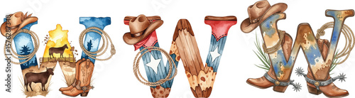 Hand-Drawn Rustic Cowboy Alphabet Clipart W, Watercolor with Boots, Hats, Lasso, and Cactus.