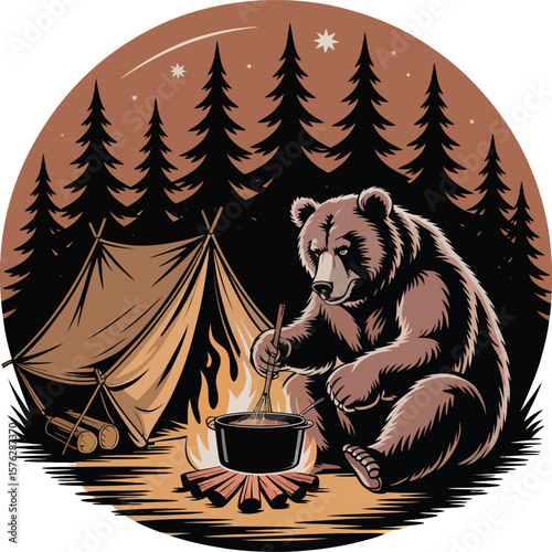 Grizzly Bear Campfire Cooking Wilderness Night Adventure Illustration