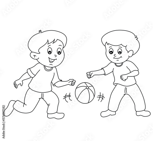 Cute cartoon hand drawn vector boys are playing football outline.