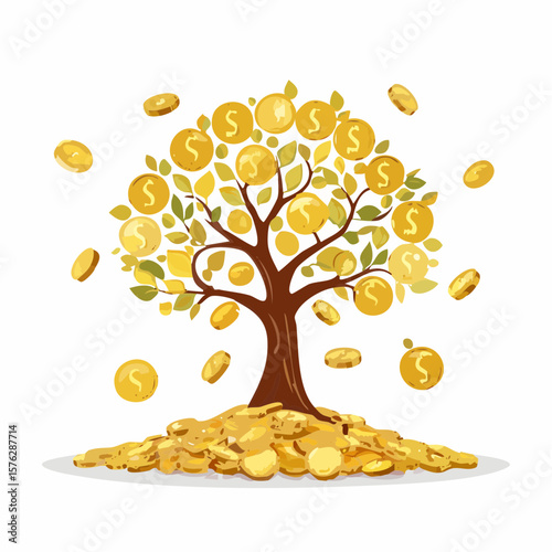Golden tree of wealth with falling coins symbolizing financial growth and prosperity