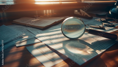 Magnifying Glass on Papers Amidst Sunlit Shadows on Desk