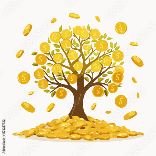 Golden tree of wealth with falling coins symbolizing financial growth and prosperity