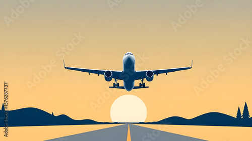 a plane taking off the runway with a beautiful sunrise